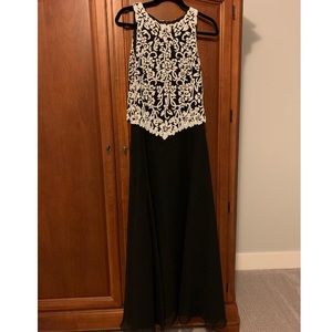 J Kara Beaded Overlay Black Gown